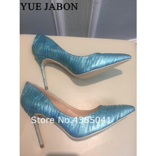 YUE JABON Bright Blue Leather Bridesmaid Pointed Toe Women Pumps Shoes Party High heels Wedding Shoes Real Pictures thin heels