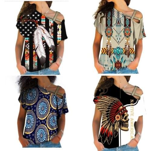 Womens Over Print Cross Shoulder Shirt Native Lndian Cross Short Sleeve Off-Shoulder Shirts Casual One-Shoulder Shirt Top Tee