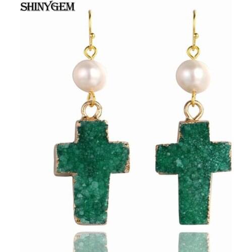 ShinyGem Natural Crystal Druzy Earring Gold Plating Green/Blue Cross Pendant Drop Dangle White Round Pearl Earrings For Women