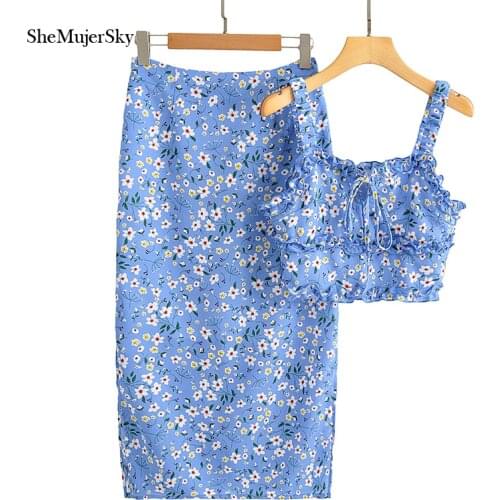 SheMujerSky Women Summer 2 Piece Set Blue Cami Top And Midi Skirts 2021 Floral Print Ruffles Cropped Tops Skirt Two Pieces Set