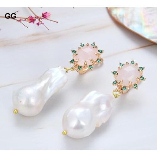 GuaiGuai Jewelry Cultured White Keshi Pearl Rose Quartz Dangle Earrings