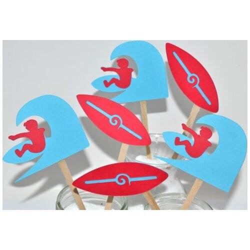 Red Surf Party-Beach Party-Surfboard-Surfer cupcake toppers sea wedding cocktail Party Food Picks free shipping