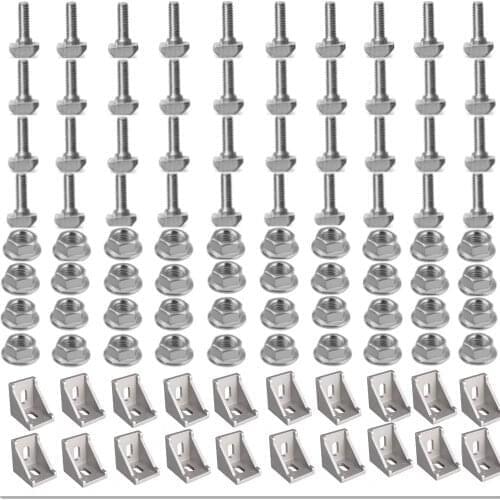 20Set 3030 Aluminum Profile Connector Set: 40pcs M6 Hex Flange Nuts + 20pcs 3030 Corner Bracket + 40pcs M6 x 16mm T Bolt Screws
