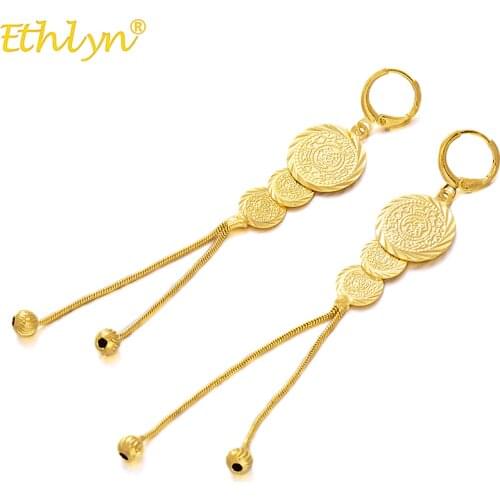 Ethlyn Jewelry Wholesale Gold Coin Long Earring Gold Color Drop Earring Muslim Islamic Jewelry Middle East/Arabic Women Gift E58