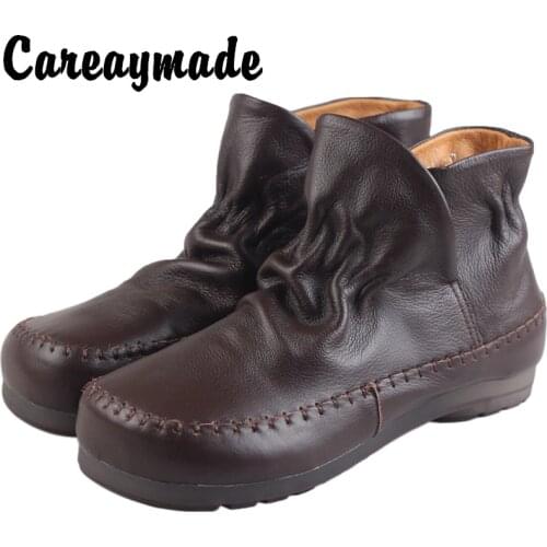 Careaymade-Autumn&winter Vintage pleated flat sole and comfortable set foot sewing round head womens real leather short boots