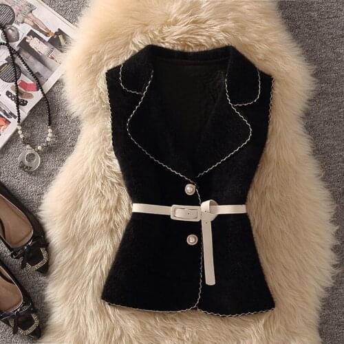 Autumn Winter Wool Vest Sleeveless Jacket Coat Women Woolen Waistcoat Female Slim Clothes with Belt Outwear Chaleco Mujer Y318