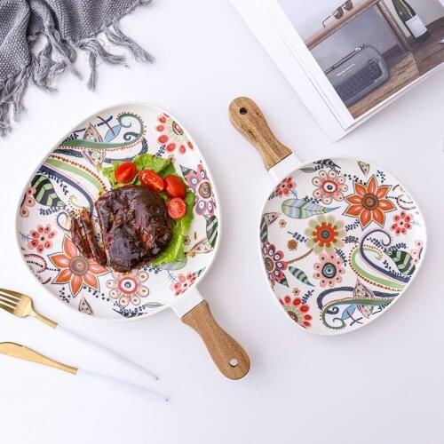 Oval dinner plate high temperature matte glaze acacia wood handle ceramic plate steak plate Western food plate pasta plate