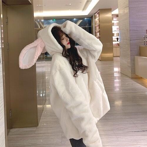 Couple Hoodie Cute Rabbit Ears Autumn Winter Black Hooded Jacket Ladies Sweet Korean Loose Warm Plush Coat Goth Harajuku Coats