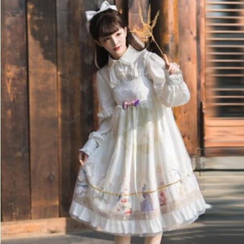 Chinese style sweet lolita dress vintage lace bowknot high waist cute printing victorian dress kawaii girl gothic lolita jsk cos