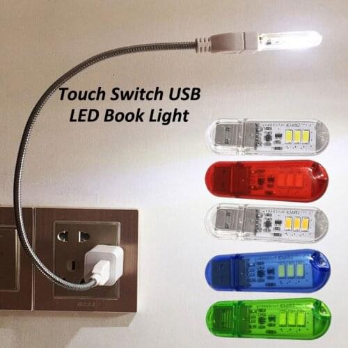 Portable USB LED Book Light DC5V Touch Switch Ultra Bright Reading Book Lamp 1.5W Power Bank Night PC Laptop Lights 3leds