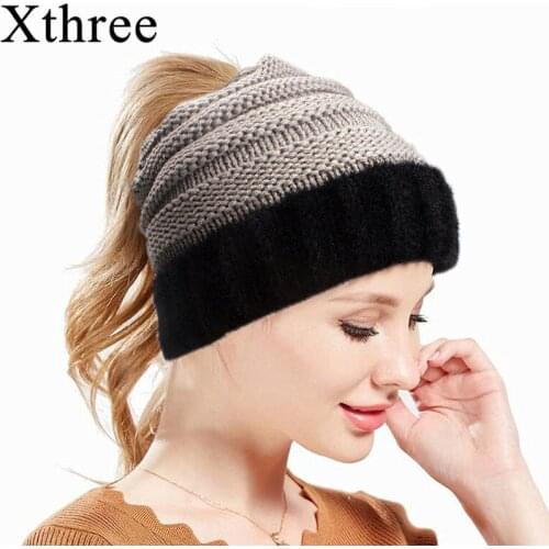 Xthree Faux Mink Fur Hat Ponytail Knitted Hat Winter Hat for Women beanies Autumn Cap Ponytail Hat for Girl 2020 New