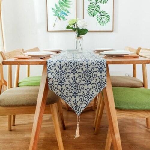 Cotton and Linen Table Runner Blue White Porcelain Floral Pattern Table Cloth Runners Chinese Style Home Decor