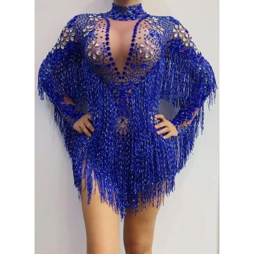 Rhinestones Blue bodysuit Birthday Celebrity Long Sleeves women singer stage dance costume Dropshipping