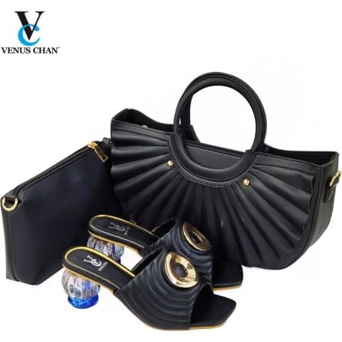 Slipper 2021 Summer New Coming Italian design Black Color Shoes And Bag To Match Set Nigerian High Heels Party with Mature style