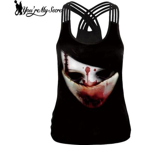 [You're My Secret] Summer Women Halloween Party Punk Gothic Skull Print Tank Top Neck Sleeveless Hollow Casual Black Vest Tops