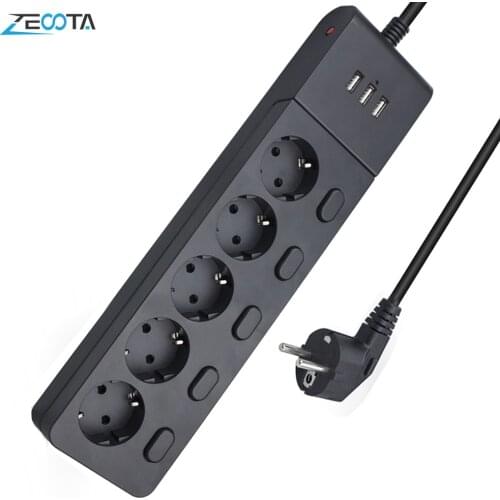Multiple Power Strip Surge Protection EU Plug Electrical Extension Sockets USB 5 Way Outlets Independent Switch Control 2m Cord
