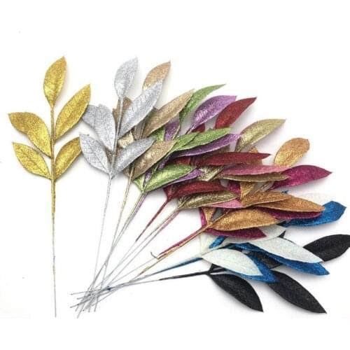 20pcs 35*11cm Artificial Glitter Leaf Branch For Flower Arrangement Wedding Christmas Tree Party Home Garden Decoration