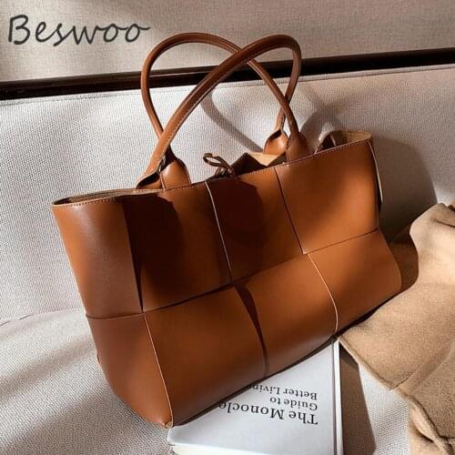 Knitting Bags 2021 Womens Brand PU Leather Casual Tote Bag Large Capacity Weave Shopper Shoulder Bag Fashion Simple Womens Bag