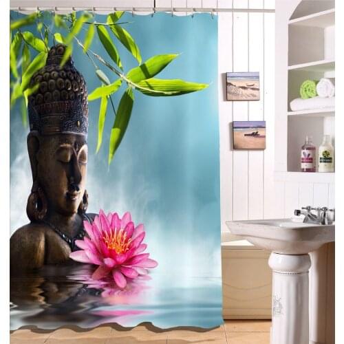 Shower Curtain Buddha & Lotus Reflection Design Bathroom Waterproof Mildewproof Polyester Fabric 72 Inch +12 Hooks Bath Screens