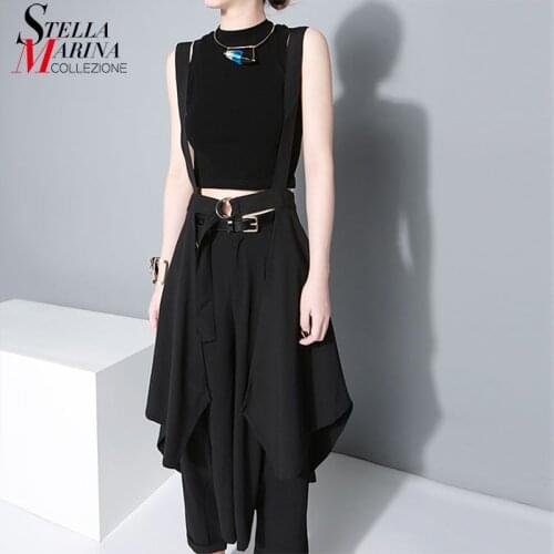 Japanese Style Women Solid Black Summer Asymmetrical Chiffon Strap Skirt & Sashes Female Unique Midi Casual Harajuku Skirt 1431