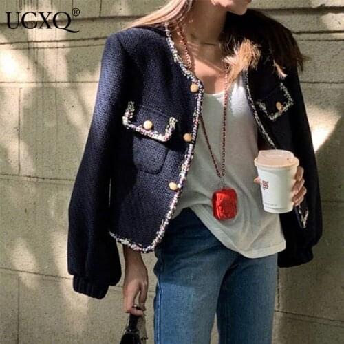 UCXQ Woman Tweed Jacket Color Weave Pockets O Collar Long Sleeve Loose French Fashion Vintage Style 2021 New Autumn 23XF343