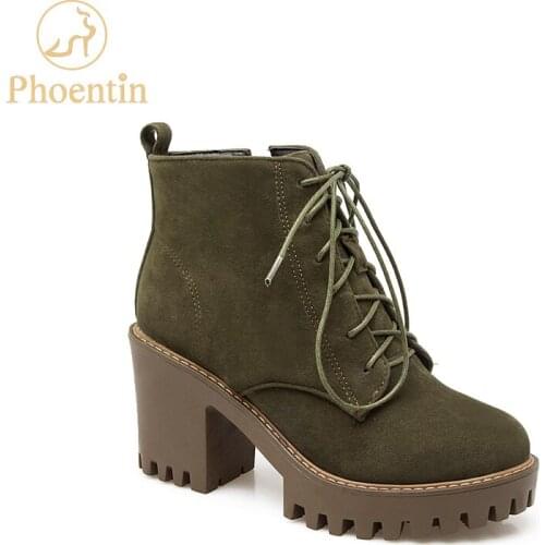 Phoentin platform ankle boots for women new round toe high heel 8cm lace up Martin boots army green zip open womens shoes FT173