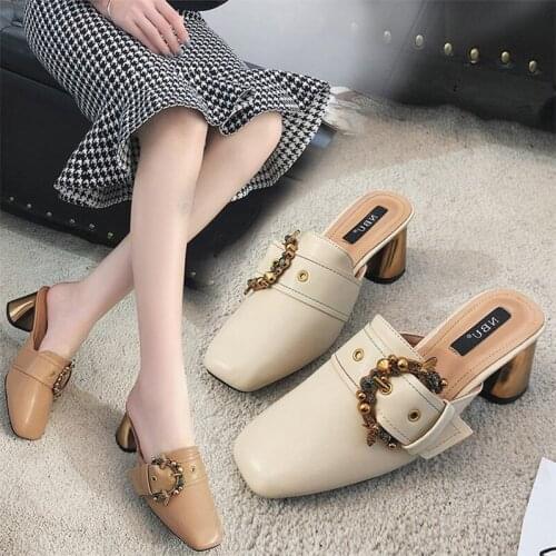 Baotou half-drag womens shoes spring and summer fashion wear 2020 new Korean thick heel Muller sandals and slippers