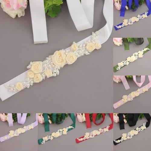 Womens Elegant Three Flower Sash Rhinestone Beaded Waistband Bridal Ribbon Cummerbunds Wedding Dress Waist Belt