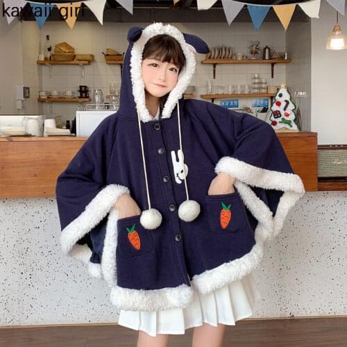 Lolita Cloak Coat Women Japanese Cute Cartoon Rabbit Ears Hooded Splicing Wool Jacket Soft Girl Bat Cape Christmas Outerwear New