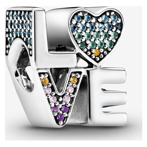 100% Real 925 Sterling Silver Rainbow Pave Love Charms Fit Pandora Bracelet Women Beads for Jewelry Making