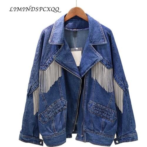 2020 New Denim Long Jacket Plus Size Outwear Women Coats Spring Autumn Loose Chain Tassel Blue Cowboy Jeans Coat Female Casual