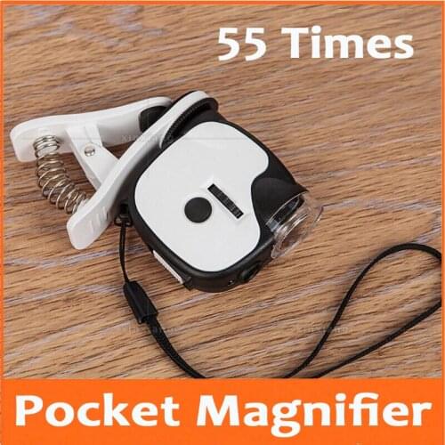 55X LED Illuminated Cell Phone Pocket Microscope 55 Times Magnifier Jewelry Appraisal Loupe with UV Light and Mobile Phone Clip