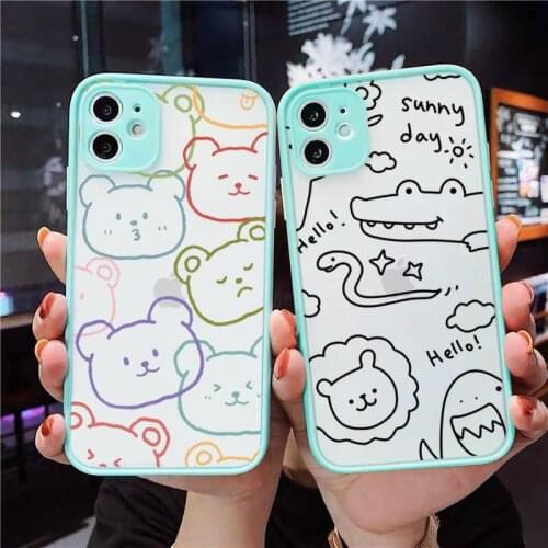 Cartoon cute animal bear frog rabbit Phone Case For iPhone 12 11 Mini Pro XR XS Max 7 8 Plus X Matte transparent blue Back Cover