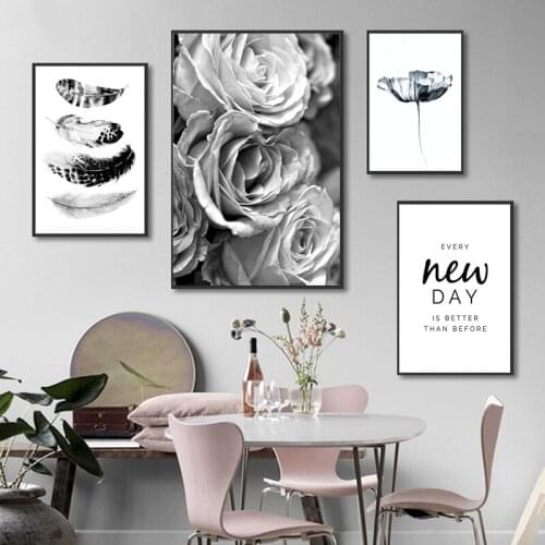 Black and White Wall Art Rose Flower Canvas Painting Feather Quote Posters and Prints Minimalist Pictures for Living Room Decor