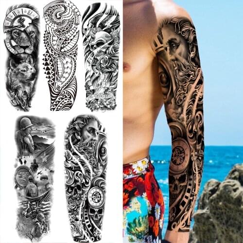 Black Warrior Compass Temporary Tattoo Sleeve For Men Adult Realistic Fake Skull Devil Lion Totem Tatoo Big Arm Tattoo Sticker