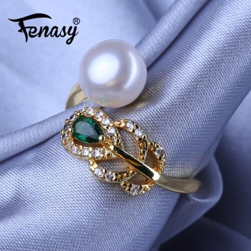 FENASY Natural Freshwater Pearl Rings For Women Bohemian Adjustable Gold Color Emerald Ring Female Party Wedding Jewelry