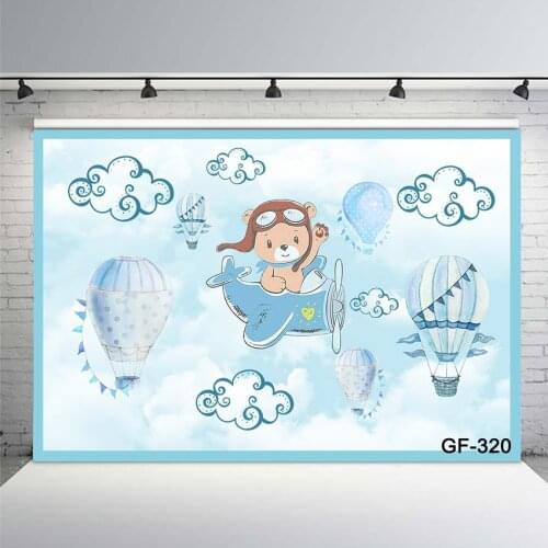 Blue Cartoon Bear Baby Shower Backdrop Its A Boy Prince Welcome Baby Hot Air Balloons Photography Background Cake Table Banner