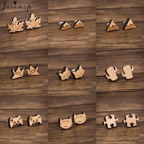 Jisensp Simple Fashion Leaves Wooden Earrings Vintage Lovely Cat Fox Stud Earrings for Women boucles d oreille femme 2020