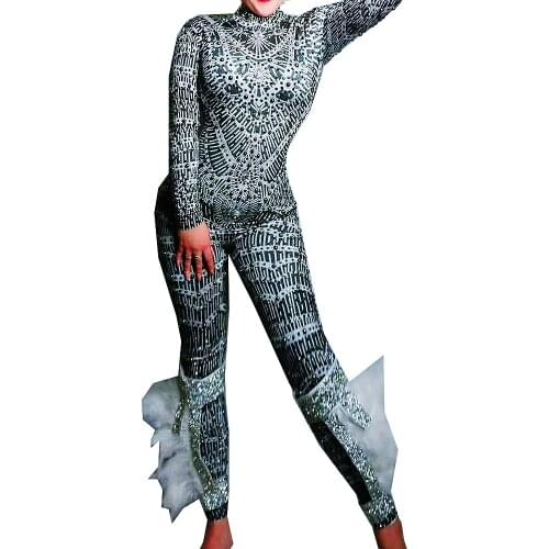 Fashion White Feather Women Print Jumpsuits Long Sleeve Bodycon Elastic DS Jazz Dance Bodysuit Evening Party Birthday Outfit