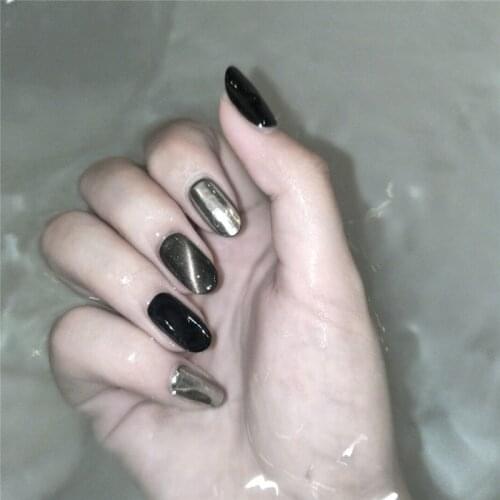 American punk style Black and sliver cat eye hit pure color false nails 24pcs lady full nail tips middle-long size fake nails