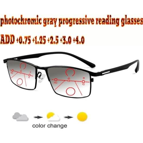 Photochromic Gray Progressive Multifocal Reading Glasses Business women Halfrim Frame Tr90 +1.0 +1.5 +1.75 +2.0 +2.5 +3 +3.5 +4