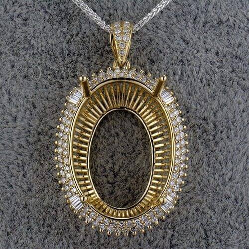 Oval 18x26mm Women Semi Mount Pendant Settings Baguette Diamonds In 14K Yellow Gold SR002