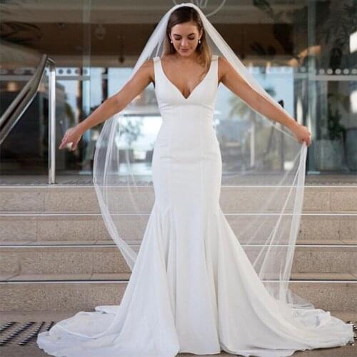 Simple Spandex Sleeveless Wedding Dresses V-Neck Chapel Train A-Line Sexy Sheath Mermaid Bridal Dress Custom Made Boho Dress