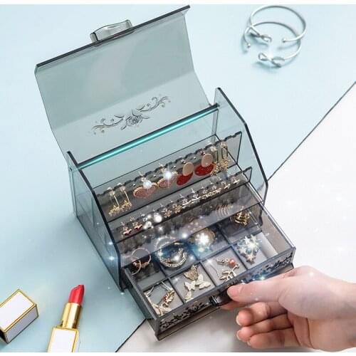 Transparent Jewelry Storage Box Flip Cover Jewelry Organizer Dresser Rings Necklace Earrings Organizer Plastic Storage Container