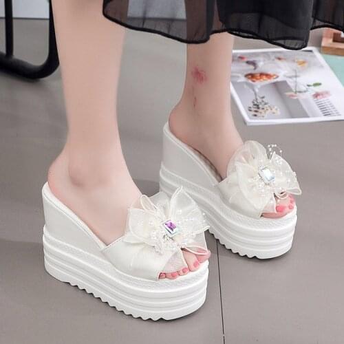 Rimocy Fashion Lace Bowknot Platform Sandals Women Wedges Super High Heels Summer Slides Woman 2021 Thick Sole Peep Toe Slippers