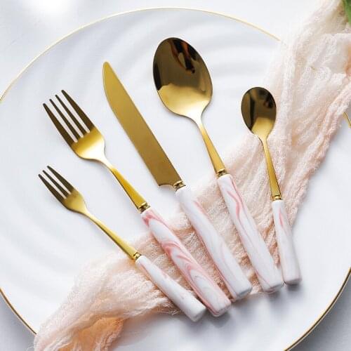 Japanese Style Stainless Steel Golden Tableware Kit Knife Fork Spoon Marbled Household Ceramic Handle Dinnerware Kitchen Set