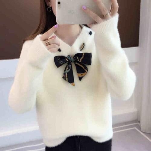 Sweater Women Winter Fashion Thick Warm Solid Color V-neck Mink Cashmere Pullovers Sweater Casual Bow Jumper Full Female W1354