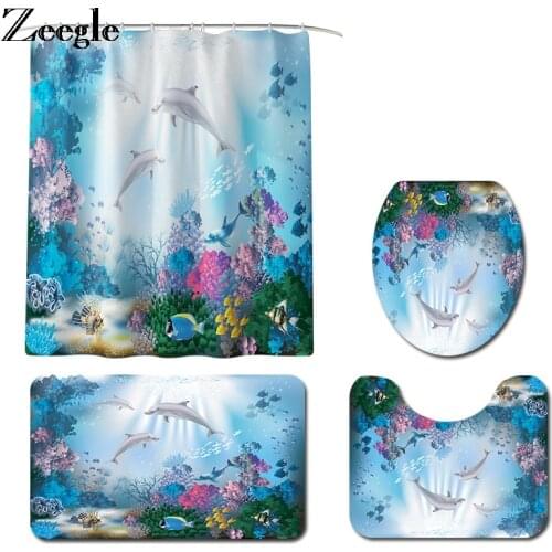 Zeegle Waterproof Bathroom Curtain 4pcs Bath Mat Set Anti-slip Toilet Cover Seat Mat Absorbent Toilet Pedestal Rug Foot Mat