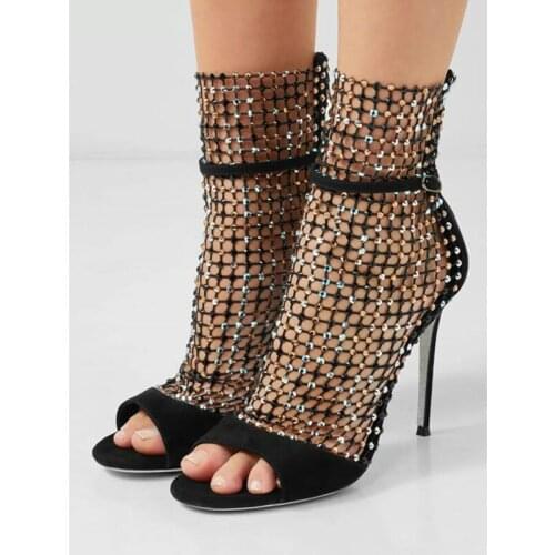 2020 spring and autumn new Roman sandals high heels womens fine with fish mouth crystal shoes wild mesh leather sandals women