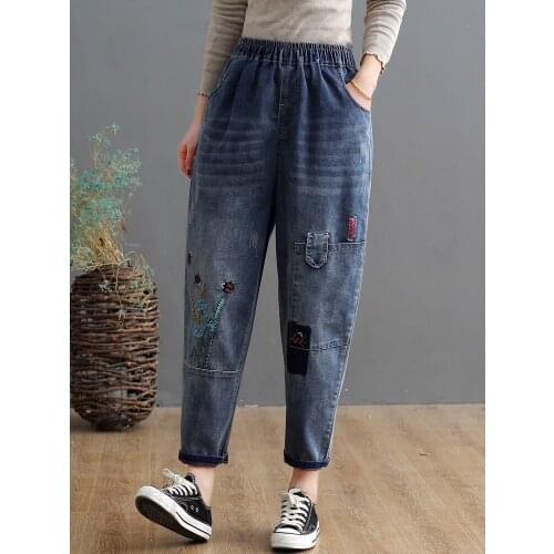 21Spring Jeans Women Casual Washed Vintage Embroidery Hole Bleached Loose Female Wild Ankle-length Denim Pants Fashion